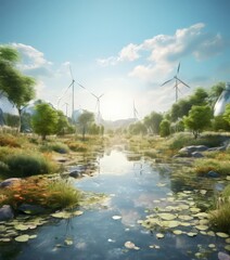 pond with water lilies and wind turbines