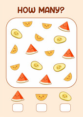 counting game how many for kids with watermelon orange avocado fruit illustration