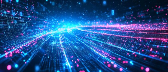 Naklejka premium Flowing neon data lines and particles in a cool blue digital environment, representing advanced technology.