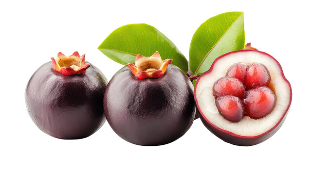 Three ripe, juicy cambuci berries, one sliced open revealing vibrant red seeds, are displayed against a black background.  