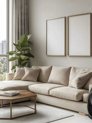 Cozy living room with a large beige sofa and coffee table,  two framed blank canvases hanging on the wall