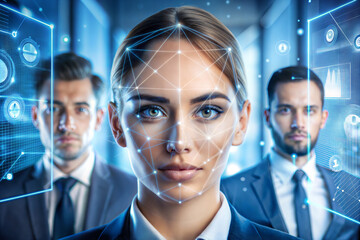 Business network concept of the future. Group of business person with holographic elements.