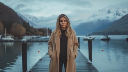 A wide-angle selfie of an attractive female influencer, standing on the dock at Queen's Wharf in New Zealand