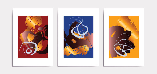 Minimalist Abstract Wall Art Background With Artistic Brush and Gold element. Set for Wall Art Decoration, Brochure, Cover Design, Postcard, Banner, Social Media Background. Vector Illustration