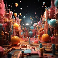 Obraz premium city with lots colorful balloons floating in the air