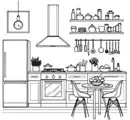 Kitchen interior sketch, furniture