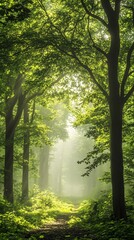 Naklejka premium Sunbeams break through the trees in a misty forest creating a magical atmosphere, highlighting the path ahead.