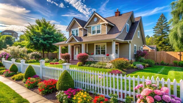 Sun-kissed suburban home with lush green lawn, vibrant flowers, and rustic wooden fence, nestled in a quiet residential street, evoking a sense of American small-town charm.