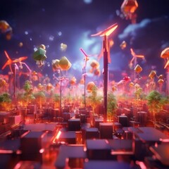 Obraz premium city with lots colorful buildings and balloons