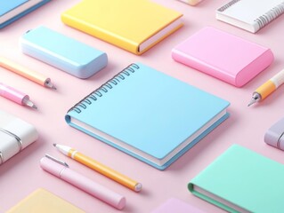 A 3D render of pastel notebooks and highlighters arranged in a grid on a pale pink background