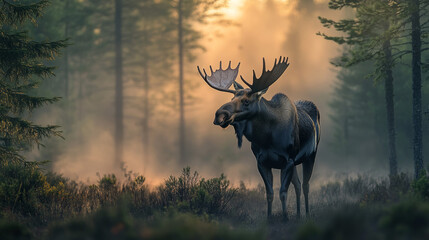 Majestic Moose in a Misty Forest at Dawn