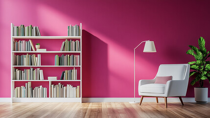 Wooden book shelf in front of pink fuchsia  wall, wooden floor, houseplant. Minimalistic interio design.	
