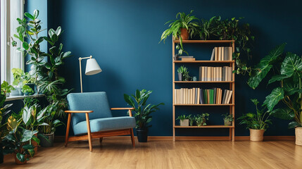 Wooden book shelf in front of dark blue  wall, wooden floor, houseplant. Minimalistic interio design.	
