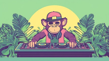 Groovy Jungle Beats - Cheerful Cartoon Monkey DJ in Hat Mixing Tunes at Tropical Booth in Vector Style on Pastel Green Background