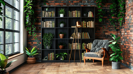 Wooden book shelf in front of brick  wall, wooden floor, houseplant. Minimalistic interio design.	
