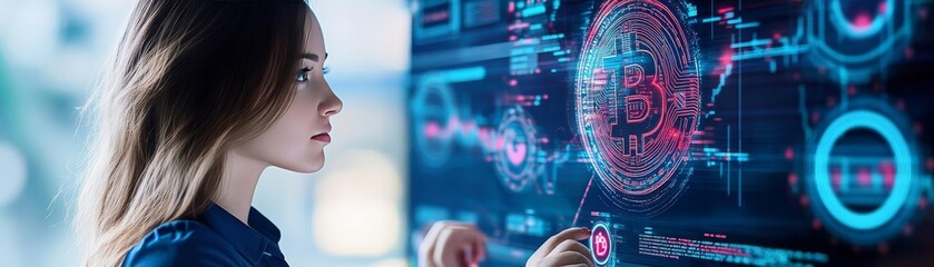 A realistic photo of a woman on a digital asset exchange platform, highlighting user interactions and transactions