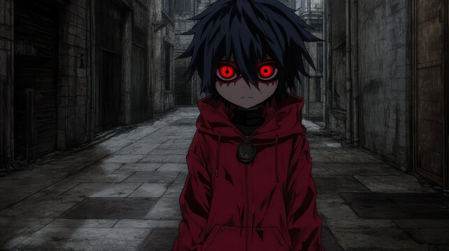 anime character with red eyes and dark hair, wearing a hoodie, standing in a gloomy alleyway surrounded by stone buildings.
