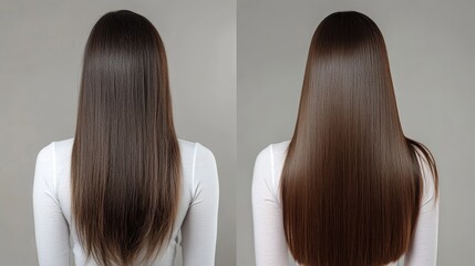 Before and after photos of a woman, focusing on the smooth, shiny results of professional hair straightening.