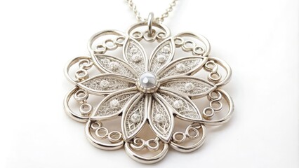 Obraz premium Delicate ornate silver filigree flower-shaped ornament adorned with intricate swirls and tiny crystal beads hangs elegantly from a polished chain on a soft white background.