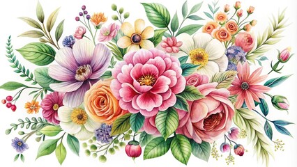 Delicate petals and intricate patterns converge in a vibrant floral design, featuring a colorful bouquet of blooming flowers set against a clean white background.