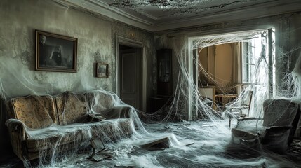 Abandoned living room with cobwebs and dust.