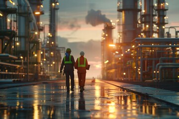 Industrial Workers Walking Through Refinery at Sunset