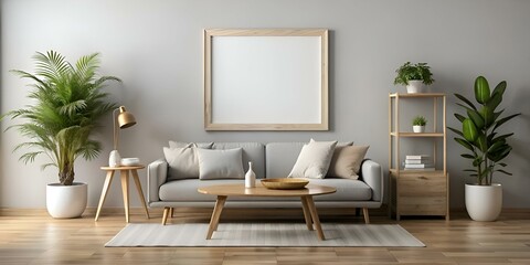 Stylish living room mockup with a grey sofa. wooden furniture. and a blank canvas frame.