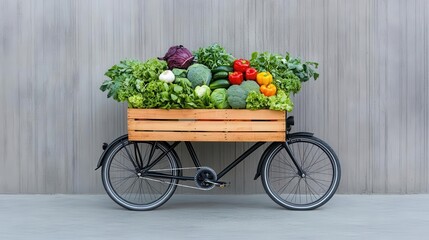 Organic food delivery bike in a city, filled with fresh vegetables from urban farms, eco-friendly transportation and sustainable food distribution, green city lifestyle
