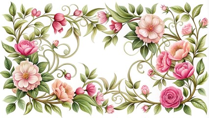 Obraz premium Delicate pink flowers bloom within an intricate, ornate border, featuring intertwining vines and leaves, adding a touch of elegance to any design or composition.
