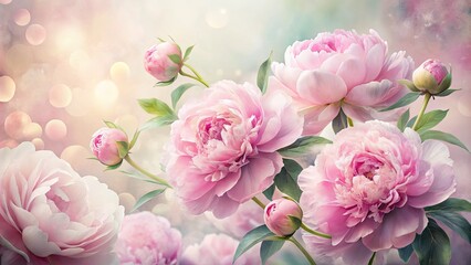 Obraz premium Delicate pink peonies bloom against a soft, watercolor-inspired background with subtle texture and gentle, swirling shapes, perfect for elegant designs and sophisticated compositions.