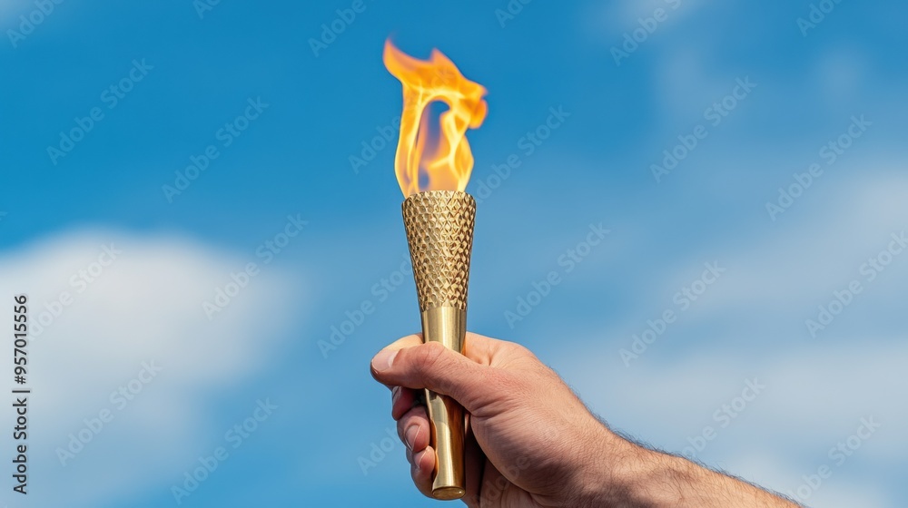 Canvas Prints A hand holding a gold olympic torch in the air, AI