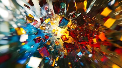 Shattered Glass in Color: A mid-air explosion of colored glass shards, capturing the moment of impact as the pieces scatter and reflect light.
