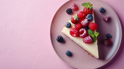 A slice of creamy cheesecake with a berry topping