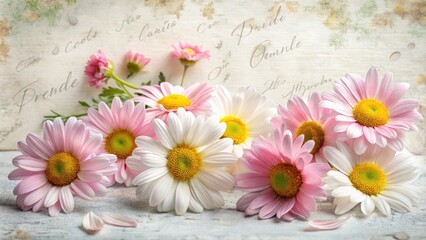Obraz premium Delicate pink petals and yellow centers of fresh daisies adorn a soft, white background, surrounded by subtle texture and gentle, cursive script, conveying warmth and friendship.