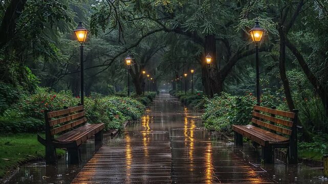 rain in the park at night