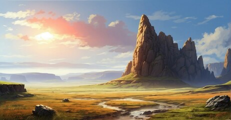 Cartoon illustration of steppes and mountains