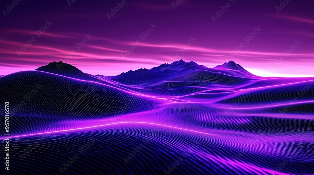 Poster abstract 3d rendering of glowing purple neon light waves cascading over a dark, mountainous landscap