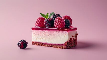 A slice of creamy cheesecake with a berry topping