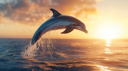 Fototapeta premium a dolphin leap form sea water surface on sunset