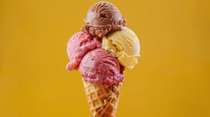 A waffle cone with scoops of ice cream flavor