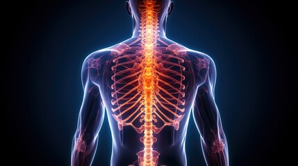 An X-ray image of the human body, with a glowing spine and hip bones 