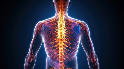 An X-ray image of the human body, with a glowing spine and hip bones 