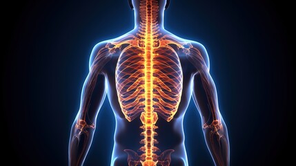 An X-ray image of the human body, with a glowing spine and hip bones 