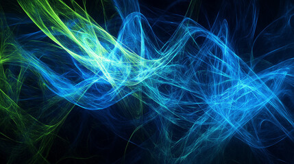 Fototapeta premium Blue and green light waves intertwining on a dark background, forming a vibrant and energetic abstract pattern