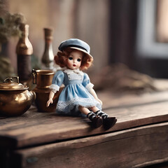Naklejka premium Vintage doll dressed in blue sitting on a rustic wooden table with antique items in a cozy indoor setting