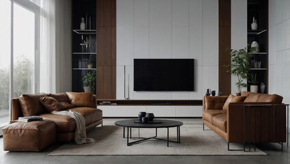 Living Room TV White wall-mounted TV with leather sofa and minimalist design.