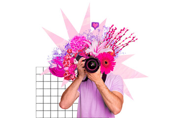 Composite photo collage of young guy instead head huge spring pink flowers bouquet hold camera take...