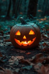 Fototapeta premium Carved Pumpkin in Forest