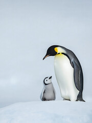 Obraz premium A majestic emperor penguin with its baby chick, standing on the snow-covered ground of Antarctica.