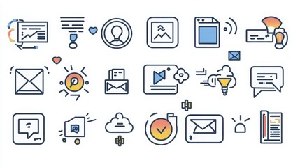 Social Media Metrics thin line icon set. Containing engagement rate, impressions, reach, followers, likes, comments, shares, saves, click-through rate, profile visits, audience growth, post analytics.